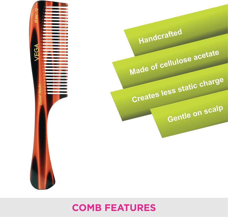 VEGA Handcrafted Grooming Hair Comb for Men & Women | Premium Tortoise Shell Cellulose Acetate Styling Comb | Anti-Static, Smooth Rounded Teeth to Prevent Hair Breakage & Stimulate Scalp (Brown) - Image 4